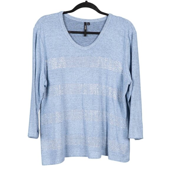 Cathy Sweaters - Cathy Knit Top L Womens Light Blue Rhinestone Gems Stripes 3/4 Sleeve Fleece